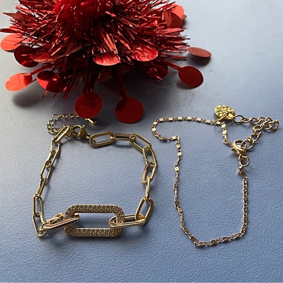 2 Bracelets. Paper Clip Bracelet and Rhinestone Square Chain Bracelet - Picture 3 of 5